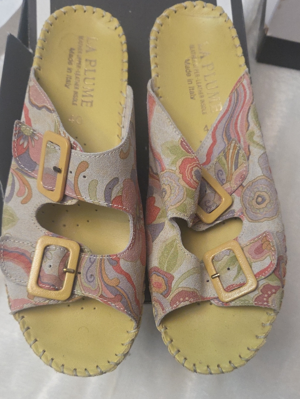 La Plume Women's Floral Buckle Slide Mules in Yellow